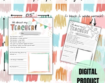 All About My Teacher Printable, Teacher Gift (Digital Download)