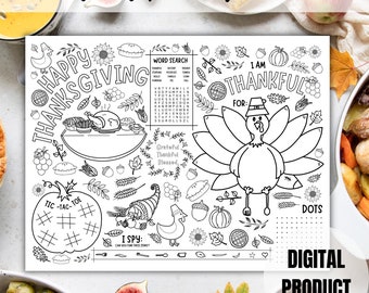 Printable Thanksgiving Activity Placemat, Thanksgiving Coloring Sheet for Kids, Thanksgiving Placemat for Kids, Thanksgiving Activity Sheet