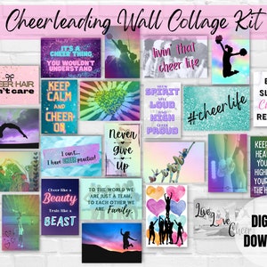 Könnte beinhalten: Ein digitaler Downloadbarer Druckbarer Wand-Collage-Kit für Cheerleading. Das Kit enthält 12 farbenfrohe Bilder mit motivierenden Zitaten und Cheerleading-Themen. Die Bilder zeigen Cheerleader, Pompons und inspirierende Botschaften wie "Cheer Hair Don't Care", "Keep Calm and Cheer On", "Never Give Up" und "Live Love Cheer".