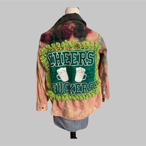 Reworked Distressed Flannel Shirt with Crochet Detail | Unique St. Patrick’s Day Layering Piece (size XS)