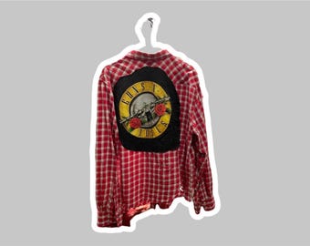 One-of-a-Kind Distressed Flannel Shirt | Upcycled Graphic XL | Rocker Style Layering