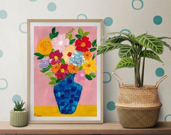 Bloesems in de mozaïekvaas | Kunst aan de muur | Kunstafdruk | Woondecoratie | Getextureerd bloemmotief | Bloemenliefhebbers | Bloemenvaas | Mozaïek schilderij