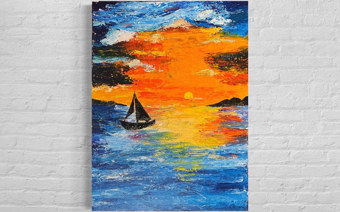 Original Sunset Painting on Canvas, Original Art, Sailboat, Ocean