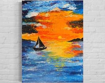 Originele zonsondergang schilderij op doek, originele kunst, zeilboot, oceaan schilderij, kunst aan de muur, wanddecoratie, acryl op doek