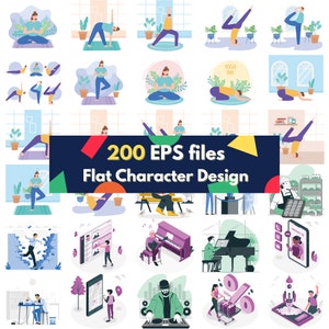 BIG digital download 200 EPS bundle layered file editable Adobe Illustrator flat character UI website page design element/ video edit image