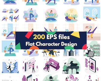 Flat Character Illustration Bundle: 200 EPS Files (Digital Download)