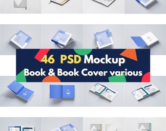 Könnte beinhalten: 46 PSD-Mockups für Buch- und Buchcover-Designs. Die Mockups zeigen verschiedene Winkel und Perspektiven von Büchern mit unterschiedlichen Cover-Stilen und Farben.