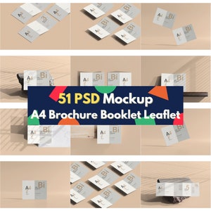 May include: 51 PSD mockups for A4 brochures, booklets, and leaflets. The mockups feature different angles and perspectives of the brochures, showcasing their design and layout.