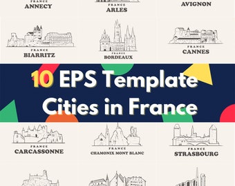 BIG digital download EPS files for designing Adobe Illustrator-hand draw style cities in France graphic designing element villes en France