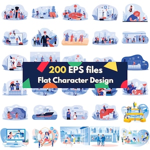 BIG digital download 200 EPS bundle layered file editable Adobe Illustrator flat character UI website page design element/ video edit image