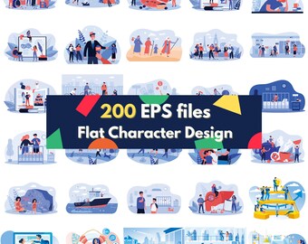Flat Character Illustration Bundle: 200 EPS Files (Digital Download)