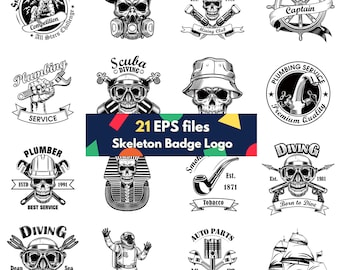 Skeleton Badge Logo Bundle | 21 Retro Graphic Elements (EPS)