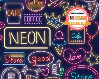 BIG digital download AI layers file editable layers for Adobe illustration bundle offer 83 PNG digital neon sign design element icon blazing
