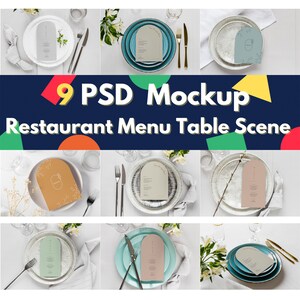 BIGdigital download 9 PSD Bundle Datei editierbare Restaurant Menü Mockup im Szenario Hochzeit Menü Mockup Grußkarte Mockup stationär Mockup