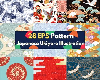 Japanese Ukiyoe Pattern Bundle, Retro Textile Prints (28 EPS Digital Download)