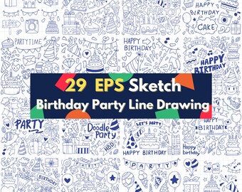 BIG digital download 29 EPS bundle layered file editable Adobe Illustrator birthday theme hand draw line art party decoration illustration