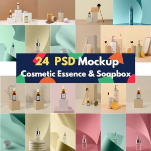 GRAN descarga digital 13 PSD paquete archivo editable producto de belleza Mockup en escenario cuidado de la piel Mockup esencia facial Mockup suero facial Mockup