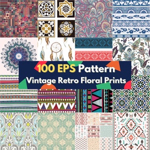Könnte beinhalten: Eine Collage aus 100 Vintage-Retro-Blumenmustern in verschiedenen Farben und Mustern. Die Muster sind in einem Rasterformat angeordnet und umfassen Paisley-, geometrische und florale Designs. Der Text "100 EPS Pattern Vintage Retro Floral Prints" wird in der Mitte des Bildes angezeigt.