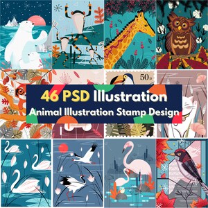 GROßER digitaler Download 46 PSD Bundle überlagerte Datei Illustrator Tier Stempel Thema niedliche Tier Illustration Charakter Karton Muster Grafik
