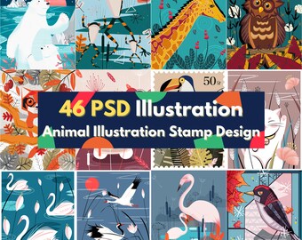 BIG digital download 46 PSD  bundle layered file Illustrator animal stamp theme cute animal illustration character carton pattern graphic