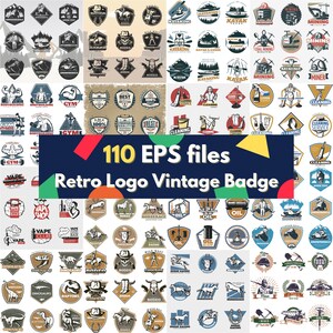 May include: A collection of 110 vintage logo designs in EPS format. The logos feature a variety of themes, including sports, hobbies, and businesses. The logos are all in a retro style, with bold colors and simple designs.