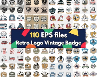 110 Retro Logo Badge Designs, Vintage Graphic Bundle (Digital Download)