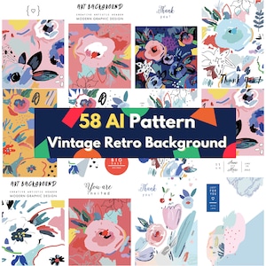 Könnte beinhalten: Eine Sammlung von 58 KI-generierten Mustern mit Vintage-Retro-Hintergründen. Die Muster sind farbenfroh und zeigen florale Designs, abstrakte Formen und Text. Der Text enthält "Danke!" und "Sie sind eingeladen".