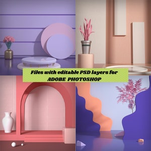 Pu&ograve; includere: Quattro diverse bozze di prodotto con colori pastello e forme geometriche. Le bozze sono perfette per mostrare prodotti in uno stile moderno e minimalista.  File con livelli PSD modificabili per ADOBE PHOTOSHOP.