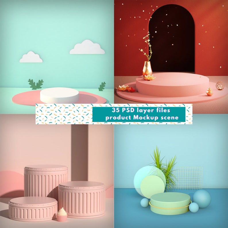 Pu&ograve; includere: Quattro diverse bozze di prodotto con sfondi color pastello e piattaforme rosa e verdi. Le bozze sono perfette per mostrare prodotti per un negozio online o i social media.