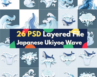 BIG digital download PSD layers file editable layers for Adobe Photoshop-hand draw style illustration bundle Japanese Ukiyoe dolphin wave