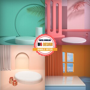 Pu&ograve; includere: Quattro diverse bozze di esposizione di prodotti con colori e forme vari. Le bozze presentano una piattaforma rotonda, una piattaforma rettangolare, un arco curvo e una finestra con vista. Il testo "Download digitale Big Design Bundle Offer" &egrave; visualizzato su un'etichetta rosso e bianca.