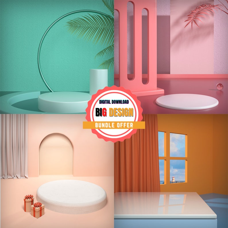 Pu&ograve; includere: Quattro diverse bozze di esposizione di prodotti con colori e forme vari. Le bozze presentano una piattaforma rotonda, una piattaforma rettangolare, un arco curvo e una finestra con vista. Il testo "Download digitale Big Design Bundle Offer" &egrave; visualizzato su un'etichetta rosso e bianca.
