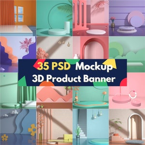 Pu&ograve; includere: 35 mockup PSD 3D per banner di prodotto. Una collezione di mockup di prodotti 3D con vari sfondi e forme colorate. I mockup presentano diverse piattaforme e scenari per mettere in mostra i prodotti.