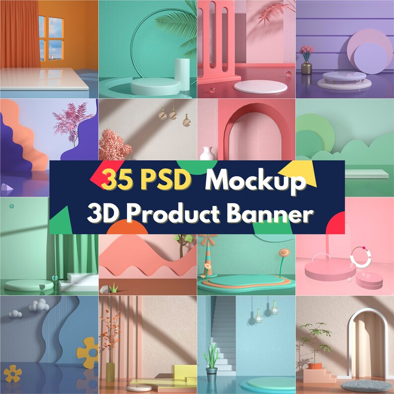 Pu&ograve; includere: 35 mockup PSD 3D per banner di prodotto. Una collezione di mockup di prodotti 3D con vari sfondi e forme colorate. I mockup presentano diverse piattaforme e scenari per mettere in mostra i prodotti.