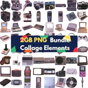 May include: A collage of vintage electronics and gaming devices, including cameras, phones, computers, televisions, and game consoles. The collage is labeled "2GB PNG Bundle Collage Elements".