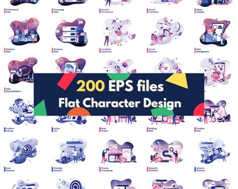 200 Flat Character Illustrations, UI Web Design Elements (EPS, JPG)