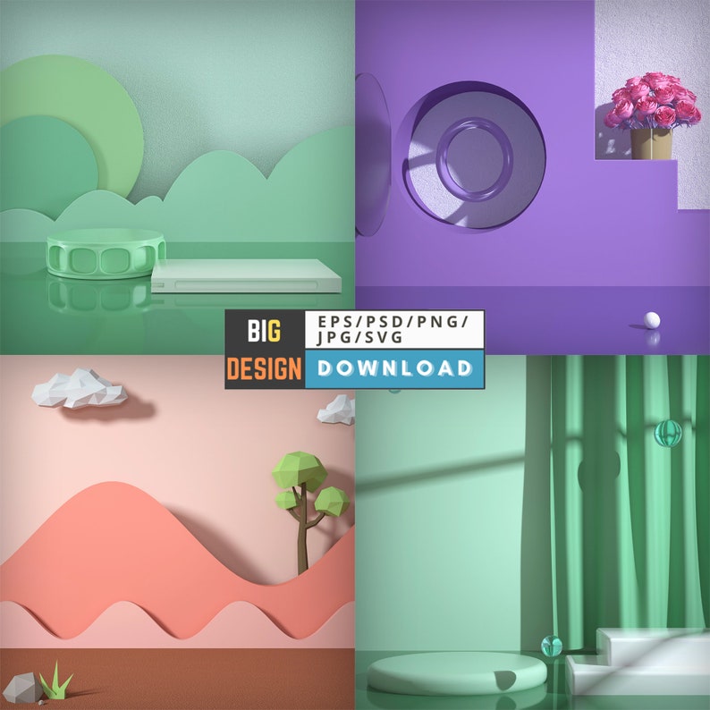 Pu&ograve; includere: Un'illustrazione digitale di quattro scene diverse con forme geometriche 3D, tra cui una piattaforma verde, un muro viola con un cerchio ritagliato, un paesaggio rosa e marrone con un albero e un muro verde con una tenda e una piattaforma. Il testo "BIG DESIGN DOWNLOAD" &egrave; al centro dell'immagine.