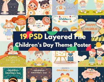 Children's Day Illustration Bundle: Hand-Drawn PSD Layers (Digital Download)