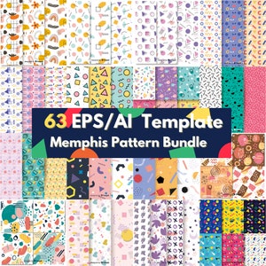 May include: A collection of 63 colorful geometric patterns in a grid layout. The patterns are made up of various shapes, including circles, squares, triangles, and lines. The patterns are in a variety of colors, including red, blue, green, yellow, and purple. The text "63 EPS/AI Template Memphis Pattern Bundle" is displayed in the center of the image.