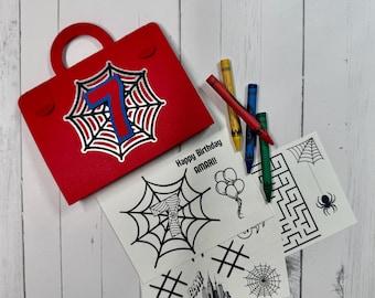 Spider themed party favor box, birthday party coloring activity sheets, Red and Blue Themed Party, Set of 6