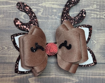 Reindeer Antler Hair Bow, Cute Red Nose Reindeer Bow, Christmas Hair Bows