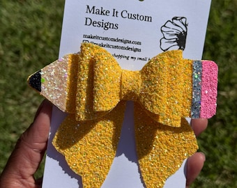 Glitter Pencil Hair Bow, Back to School Girls Accessories, Chunky Faux Leather
