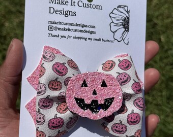 Halloween Pumpkin Hair Bows, Pink Pumpkin Bows, Handmade Glitter Bows