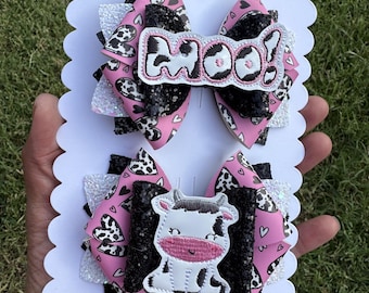 Cow print pigtail set, Western hair bows, Cowgirl Piggies