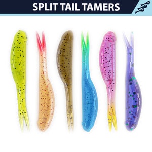 May include: Six split tail fishing lures in various colors, including green, brown, pink, blue, and purple. The lures have a split tail design and are made of soft plastic.