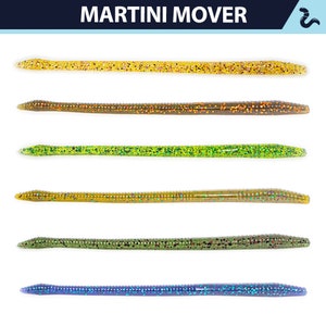 May include: Six different colored plastic fishing worms with glitter. The colors are yellow, brown, green, gold, olive green, and blue. The worms are called "Martini Mover".