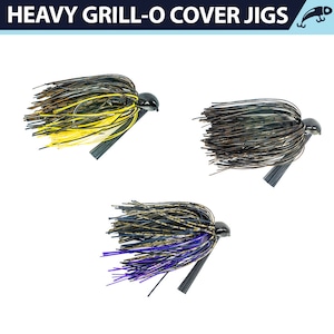 May include: Three fishing jigs with black heads and colorful skirts. One jig has a yellow and black skirt, another has a brown skirt, and the third has a purple and blue skirt. The text "HEAVY GRILL-O COVER JIGS" is at the top.