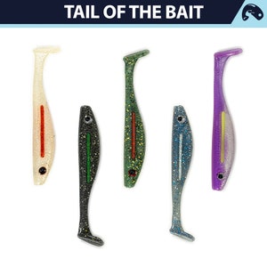 May include: Five different colored soft plastic fishing lures with a tail that moves in the water. The lures are white, green, yellow, blue, and purple.