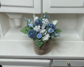 Mini Dollhouse Blue Rose Wicker Basket Arrangement/Centerpiece 1 1/2”—Miniature Blue Rose Floral Decor