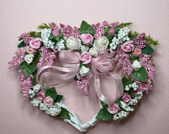 Mini 1/12 Dollhouse or 1/6 Barbie Shabby Chic Pink Floral Heart Wreath